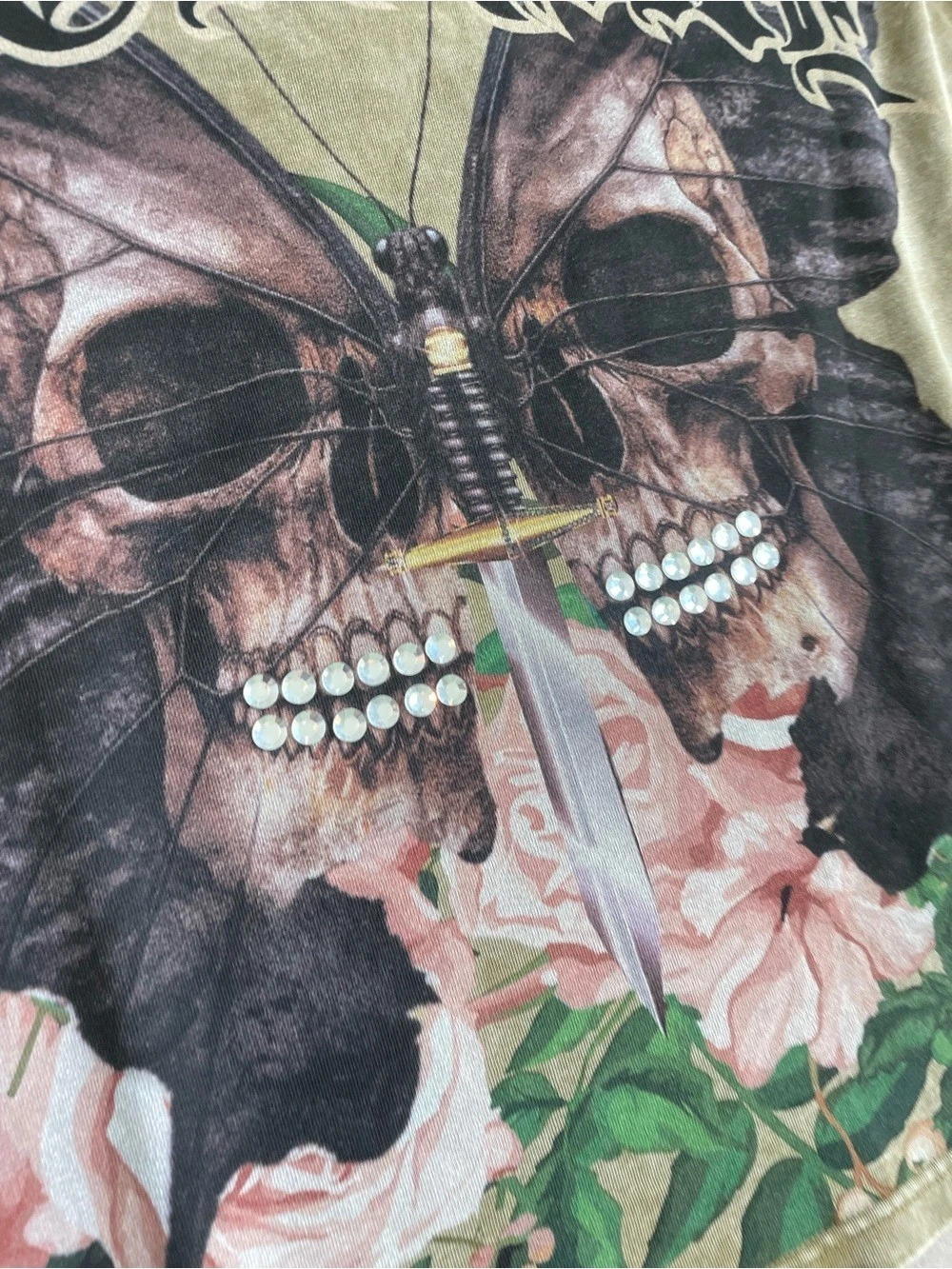 Doctrine Crop Boxy Butterfly Skull Rhinestone T-Shirt Green & Pink 2XL